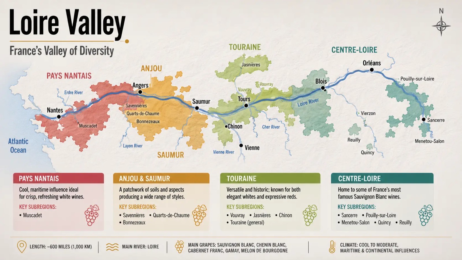 Map of the Loire Valley from Pays Nantais through Anjou and Saumur, Touraine, to Centre-Loire