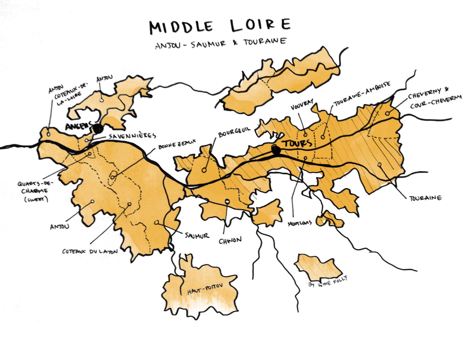 Hand-drawn map of the Middle Loire: Anjou, Saumur and Touraine appellations